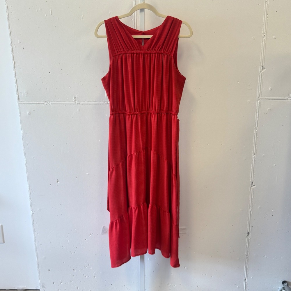 Simply Vera Vera Wang Red Coral Sleeveless Tiered Midi Dress Elastic Waist Lg